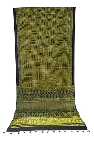 Image of Ethnics of Kutch Womens Ajrakh Modal Silk Natural Dye Golden Border Hand Block Print Saree with Blouse Piece - 5.5 Mtr Length