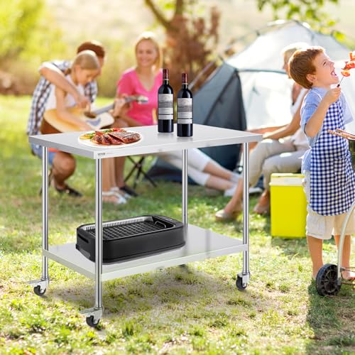 Image of VEVOR Stainless Steel Work Table 30 x 48 x 38 Inch, with 4 Wheels, 3 Adjustable Height Levels, Heavy Duty Food Prep Worktable for Commercial Kitchen Restaurant, Silver