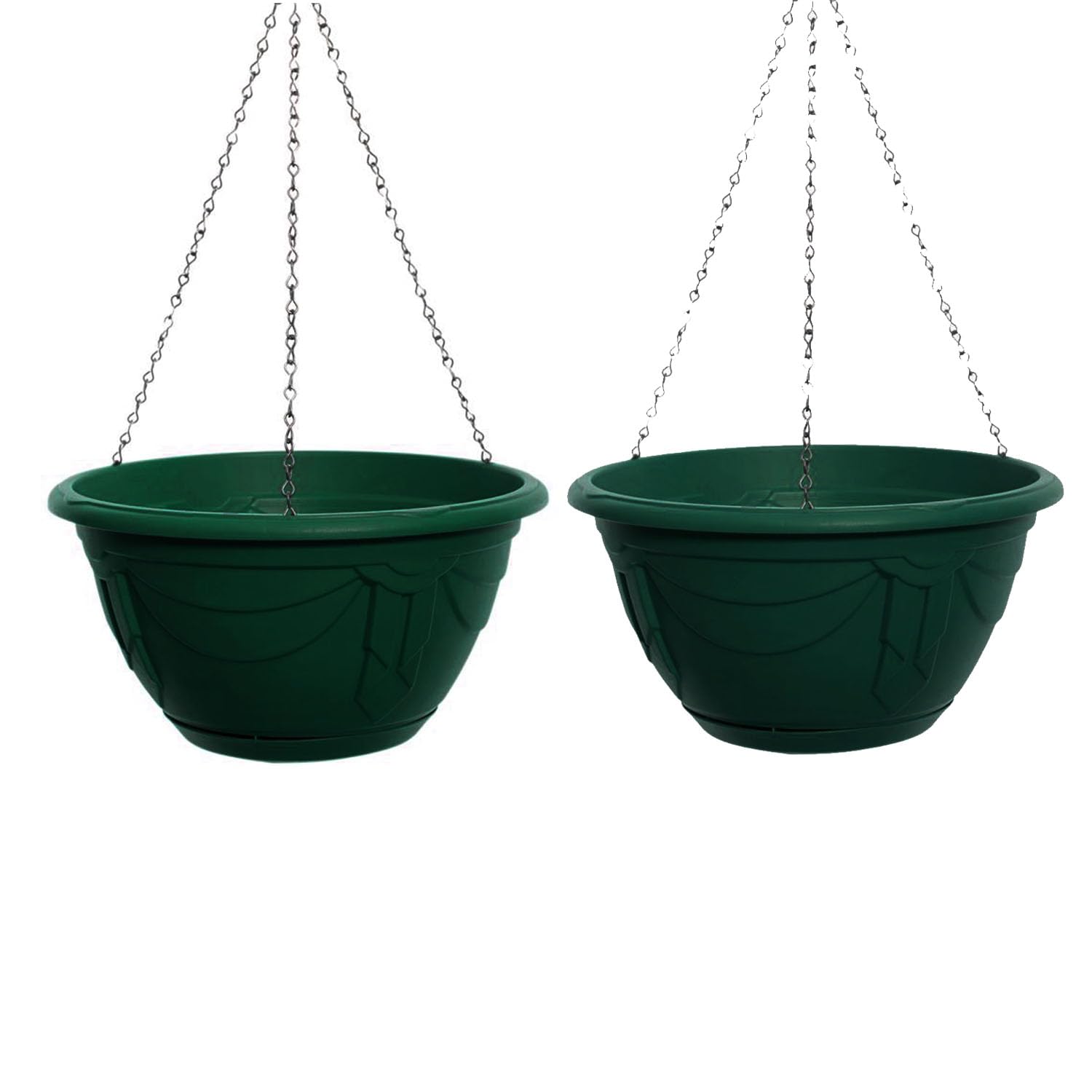 2 Pack 8 Inches Hanging Plant Pot 32cm Garden Ornaments Venetian Hanging Basket Flower Pots Drainage Holes with chain for hanging and moulded in saucer for Indoor Outdoor Plants (Forest Green)