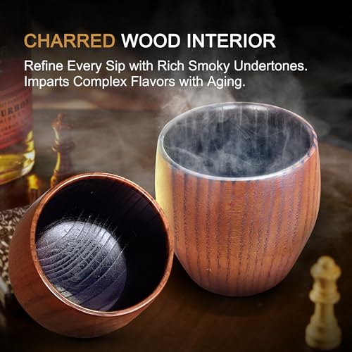 Image of Charred Wooden Bourbon Drinking Glass, Bourbon Gifts for Men - 10 oz Wooden Old Fashioned Glasses Set Whiskey Tumbler | Birthday Whiskey Gifts for Men, Dad or Brother Original Bourbon Tumbler (2 Pack)