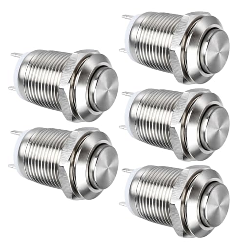 GUUZI Pulsador Momentáneo de 12mm, Pulsador de Metal Resistente al Agua, SPST, sin Botón Momentáneo, 2A, 12V/24V/125V/250V, Paquete de 5 (Cabeza Alta)