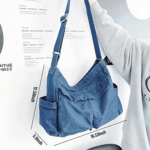Image of LassZone Canvas Messenger Bag Large Crossbody Bag Hobo Shoulder Handbags Multi Pocket Denim Tote Bag for Women or Men