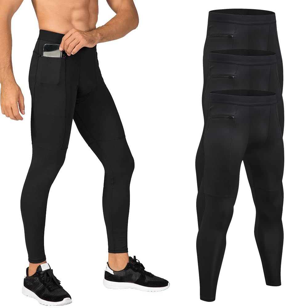 YuerlianMens Compression Activewear Leggings Cool Dry Sport Training Pants Running Gym Workout Tights with Zip Pockets