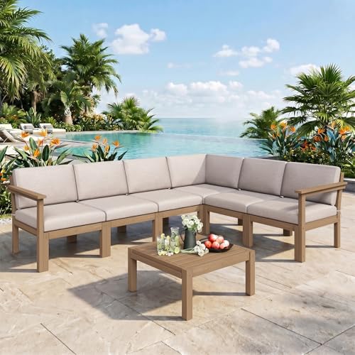 Image of Modular Outdoor Patio Conversation Set, 7-Piece L-Shaped Sectional Sofa Set with Coffee Tables & Thick Cushions, Easy Side Interlock, HIPS All-Weather Patio Furniture Set for Backyard, Deck, Poolside