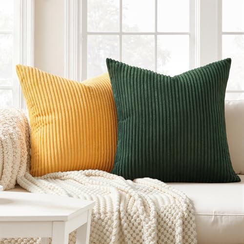 Image of Topfinel 16x16 Inch Set of 4 Green Rust Throw Pillow Covers Boho Farmhouse Cushion Covers Soft Corduroy Fall Home Decor for Couch Bed Sofa Living Room