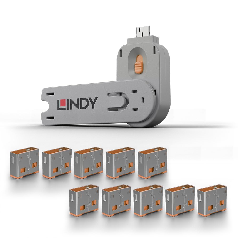 Lindy USB Type A Port Blocker- Pack of 10 Blockers + Key, Orange
