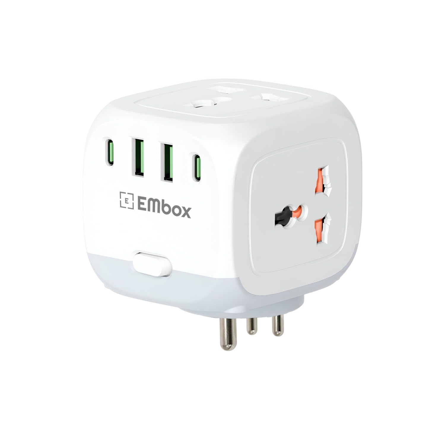 EMBOX Multi Plug Socket with Type C Port Individual Switch-Cordless Extension Board with 3 Sockets 2 USB A & 2 USB C Slot (2.4A-Direct Plug)-3 Pin Multiplug with Safety Shutter Protection-2500W