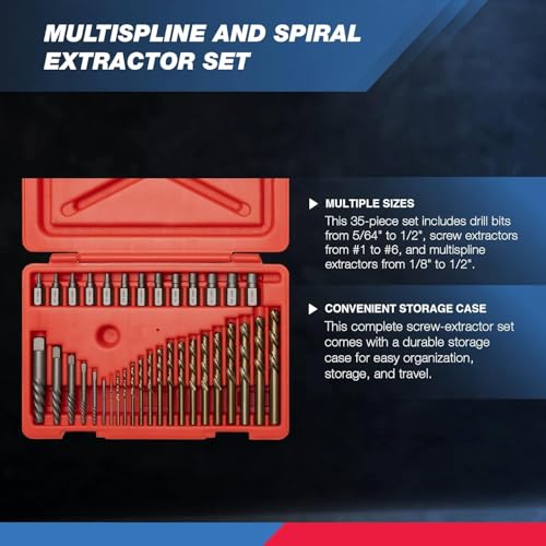 Image of NEIKO 04206A Screw-Extractor Set, Broken Bolt Remover, Multispline and Spiral Extractors for Stripped Screws, Studs, Fittings, and Lugs, Left-Hand Drill Bits, 5 /64 inch to 1 /2 inch, 35-Piece Set