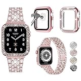 Paquete de 3 compatible con Apple Watch Correa de 38 mm, 40 mm, 41 mm, 42 mm, 44 mm, 45 mm, 49 mm, con carcasa de diamante de purpurina y protector de pantalla de cristal para iWatch Serie 9, 8, SE, 7