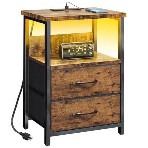 Image of Fixwal Night Stand with Charging Station, LED Nightstand with U-S-B Ports and Outlets, 2 Fabric Storage Drawers with PU Finish, Bedside Table, Rustic Brown
