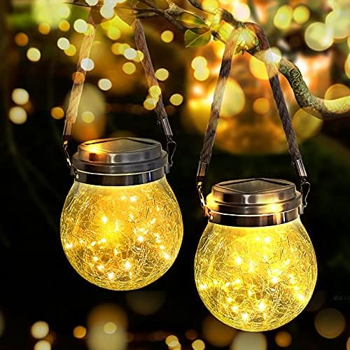 VGE Hanging Solar Lantern, 2 Pack Halloween Christmas Outdoor Lanterns with 30 LED,Waterproof Cracked Glass Ball Landscape Decorative Lights for Tree Yard Garden Patio Fence Holiday Decor(Warm White)