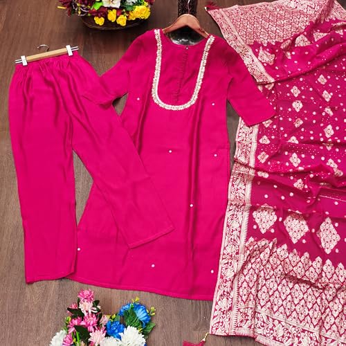 Image of Yashika Women's Silk Blend Jacquard Kurta and Pant with Dupatta Set and Khatali Work Suitable For Every Indian Occasion