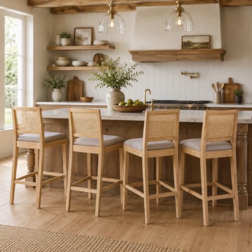 Image of Rattan Counter Height Bar Stools Set of 4, 25.6'' Modern Counter Stools with Cane Back, Mid Century Bar Chairs for Kitchen Counter /Home Bar /Restaurant, Grey
