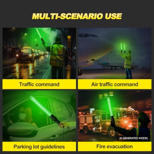 Image of E-riding 4 Pack Traffic Wand, 21 Inch Traffic Control Wand with 3 Flashing Modes & Side Clip, LED Safety Baton for Traffic Control, Parking, Aircraft, Car Directing (Green)