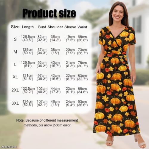 Image of Women's Fall Summer Short Sleeve Ankle Length V-Neck Party Dress with Pockets Size S-3XL