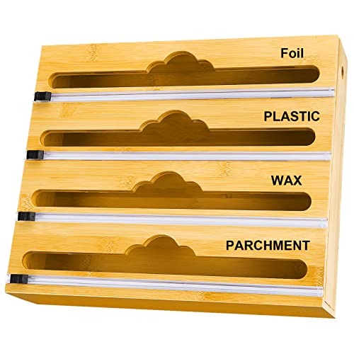 Folien- und Kunststoff-Organizer, 4-in-1-Kunststoff-Folienspender mit Schneider, Aluminiumfolie, Zinnfolie, Pergament, Wachspapier, Organisation und Aufbewahrung für Schublade Cover