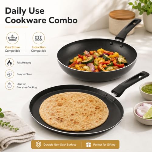Image of Non‑Stick Cookware Combo | 27 cm Dosa Tawa & 23.5 cm Fry Pan | Induction Base, Fast Heating & Easy to Clean | PFOA‑Free Durable Non‑Stick Set | Ideal for Home & Gifting