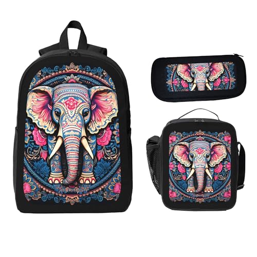 Animal Cool Elephant 3 Pcs 17 Inches Backpack Set with Insulated Lunch Bag And Pencil Pouch Large Back Pack for Men Women Lunchbox Pencil Case Waterproof Backpacks Lunch Box 3 Piece Daypacks2