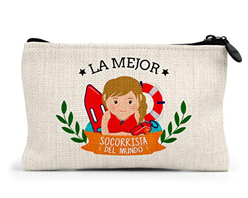 Planetacase - Monedero Personalizado - la Mejor socorrista del Mundo - Cierre con Cremallera - 15x10 cm - Lino - socorristas Vigilante Playa Piscina Personalizado