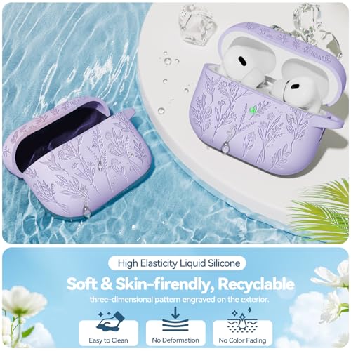 Image of Flower Engraved Case for Apple AirPods Pro 2 Gen with Clean Kit,Soft Silicone Protective Case Cover for AirPod Pro 2nd /1st Generation Keychain,Lanyard,3 Pair Ear Tips,Front LED Visible,Pastel Lilac