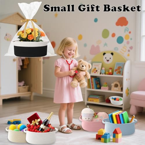 Image of Woven Rope Basket - Baby Gift Basket with Bag & Ribbon, White&Black