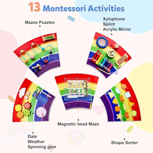 Image of Rainbow Wall Busy Board for Kids: Wooden Montessori Activity Panel | 13-in-1 Sensory Learning Toys for Fine Motor Skills - Playroom & Nursery Essentials for Toddlers