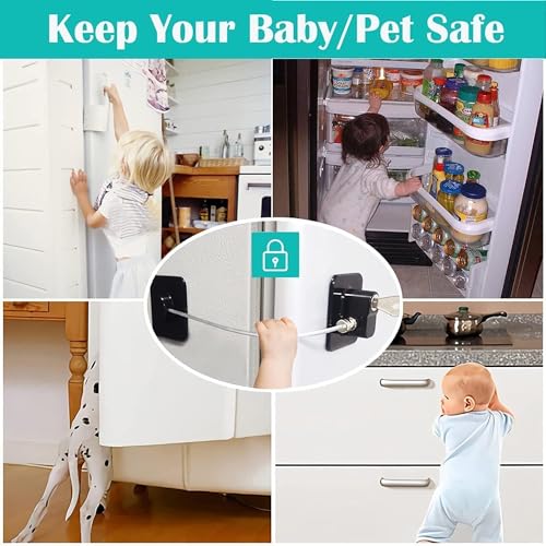 Image of Dangfly Child Safety Device Refrigerator Door Lock with 1 Key and Adhesives, Cabinet Restrictor Cable for Baby and Toddler, Lock for Cupboards, Drawers, Fridge, Wardrobe (STANDRED, 2, Count)