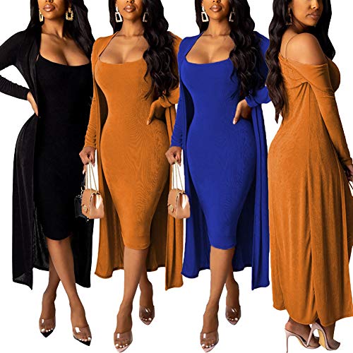 Acelyn Women 2 Piece Outfits Velet Bodycon Dress + Long Sleeve Open Front Cardigan Set Cover Up Coat Evening Black Large #TOP2