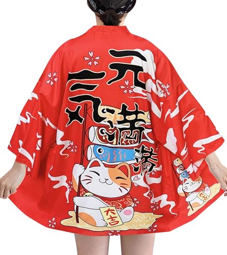 Image of LAI MENG FIVE CATS Women's Lucky Cat Cardigan Kimono Loose Cover up Casual Blouse Cute Tops