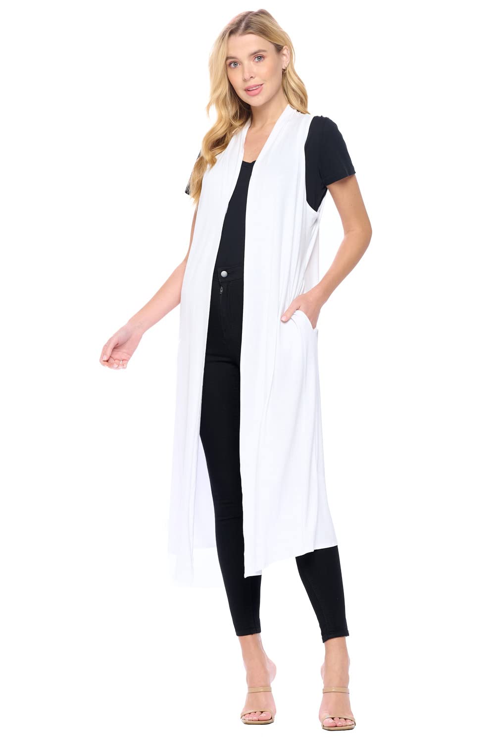 Isaac Liev Womens Sleeveless Cardigan Casual Long Maxi Open Front Flowy Drape Lightweight Duster Vest Made in USA