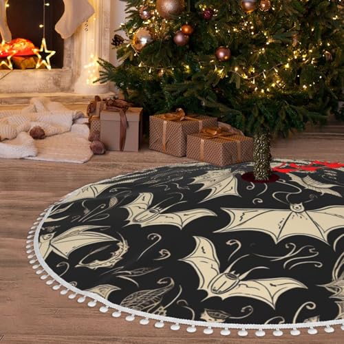 Jupe de sapin de Noël de 122 cm avec pompons et imprimé chauve-souris - 6