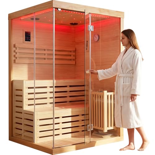 Image of OUTEXER 2-3 Person Steam Sauna Traditional Saunas Home Spa Room Wet Indoor Saunas 7 Color LED Lights with 240V 3KW Heater, Sauna Stone, Wooden Bucket, Spoon, Thermometer, Hourglass, Cup Holder