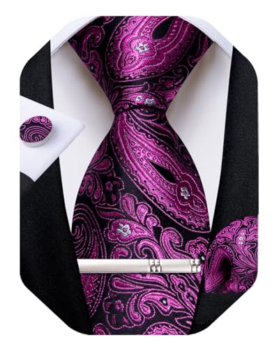 Image of DiBanGu Paisley Ties for Men Silk Necktie and Pocket Square Cufflinks Tie Clip Set Woven Classic Mens Tie for Wedding Party