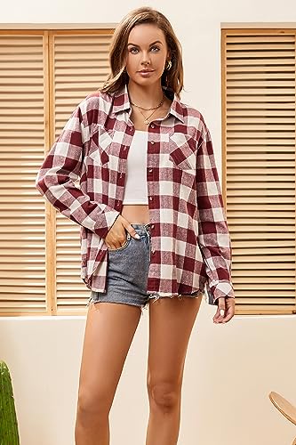 WARHORSEE Plaid Flannel Shirts for Women Long Sleeve, Loose Fit Womens Casual Flannels Button Down Shirts Blouses Tops3
