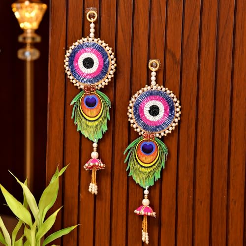Image of CraftVatika Diwali Decor Items, Evil Eye Shubh Labh Hanging Latkan Toran for Wall Door, Diwali Decoration for Home, Wall Hanging for Home Decoration, (29 CM Height) (2 Pieces)