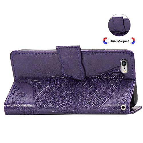 For Iphone 8 Case,Iphone 7 Case,Iphone Se 2022 Case,Iphone Se 2020 Case,Wallet Flip Protective Phone Case Wrist Strap Credit Card Holder Pocket Emboss Butterfly Flower Kickstand Cover Purple #TOP2