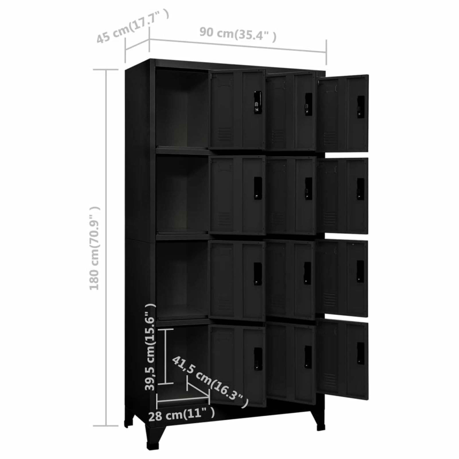 BAZZI Armario de metal con 12 compartimentos, con cerradura, con 12 taquillas, color negro