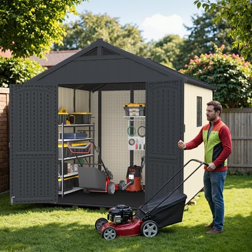 Image of Greesum 8x8FT Plastic Outdoor Storage Shed with Floor, Resin Sheds, Beige | Easy to Assemble Kick-it Shed| Eco-Friendly HDPE Material| 35% Fewer Screws| Lockable Doors with DIY Window & Multiple Vents