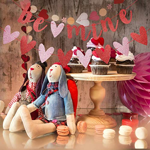 Image of FestikoRed Glittery Be Mine Banner and Pink and Red Heart Garland Banner for Valentines Day Decorations,Heart Decorations,Wedding Engagement Bachelorette Home Indoor Valentine Day Decor