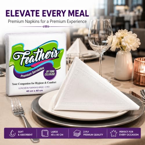 Image of Feather's Premium Tissue Paper Napkin | 2Ply, 50 pulls per pack, Pack of 3, 40 X 40 cm | Naturally White, Super Strong & Absorbent | Extra Soft Luncheon Paper Napkin | Best for Serving & Daily Use