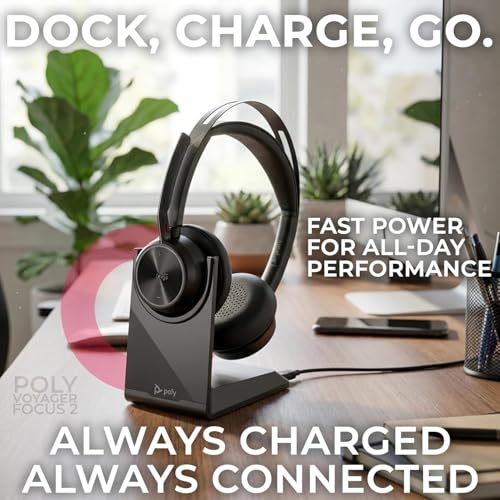 Image of Plantronics Poly Voyager Focus 2 UC Bluetooth Headset with Charging Stand, USB-C /A Adapters, Connects to Teams, Zoom and Phone Calls on Laptops PC /Mac and Cellphones, Enhances Audio, GTW Cloth