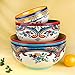 Euro Ceramica Zanzibar Collection Vibrant Ceramic Mixing Bowls, 3 Piece Set, Spanish Floral Design, Assorted Sizes, Multicolor,176 fluid ounce