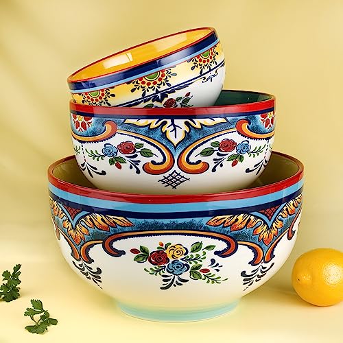 Euro Ceramica Zanzibar Collection Vibrant Ceramic Mixing Bowls, 3 Piece Set, Spanish Floral Design, Assorted Sizes, Multicolor,176 fluid ounce - Image 4