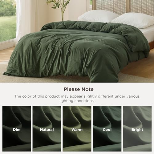 Image of Bedsure Prewashed Duvet Cover Only, Cotton-Like Feel, Olive Green, King | 1 Duvet Cover, No Pillow Shams, Ultra Soft, Relaxed Texture, Zipper Closure, 8 Corner Ties, Year-Round, OEKO-TEX, Easy Care
