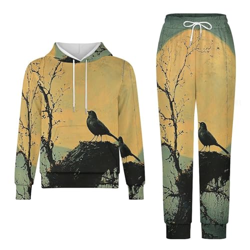 Boys Girls Hoodie Pants Hooded Sweatshirt Sweatpant 2 Piece Clothing Set, Blue Moon Bird Vintage4