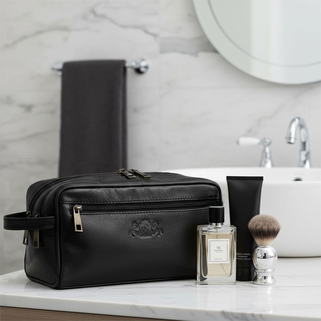 SID & VAIN Neceser Hombre Grande Cuero I Neceseres de Viaje I Bolsa de Aseo GATWICK Negro Hecho a Mano