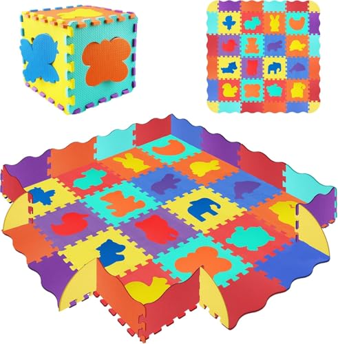 Tapis Puzzle Bébé145x145cm - 36 Pièces Mousse EVA sans BPA, Bordure Convertible en Barrière | Antidérapant, Imperméable | Idéal Ramper, Jeu...