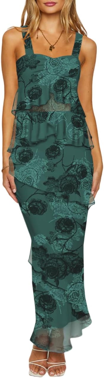 Lrady Women's Two Piece Skirt Sets Beach Formal Wedding Guest Sleeveless Peplum Ruffle Party Maxi Bodycon Dress Outfits