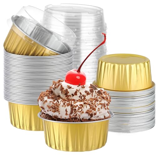 ylnurac 20Pack Alluminum Cupcake Containers, 5oz Dessert Cups with Lids, Mini Cake Pans With Lids for Gift Holiday Birthday Party Cake Baking Sales Mini Storage Box Stackable Portable (gold)