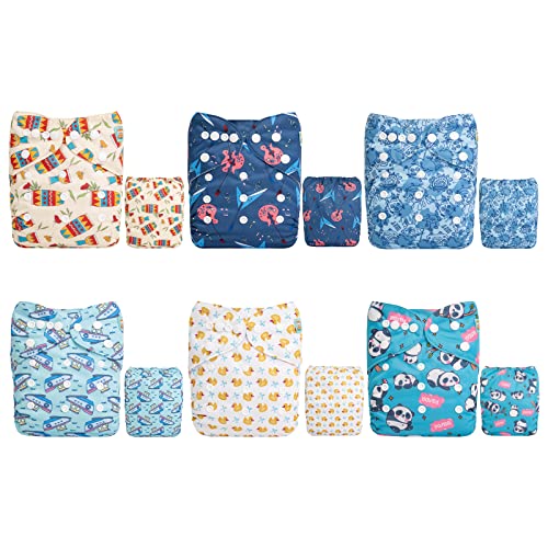 Image of ALVABABY Baby Cloth Diaper 6 Pack with 12 Inserts One Size Cloth Diaper Covers Adjustable Washable Reusable for Baby Girls and Boys